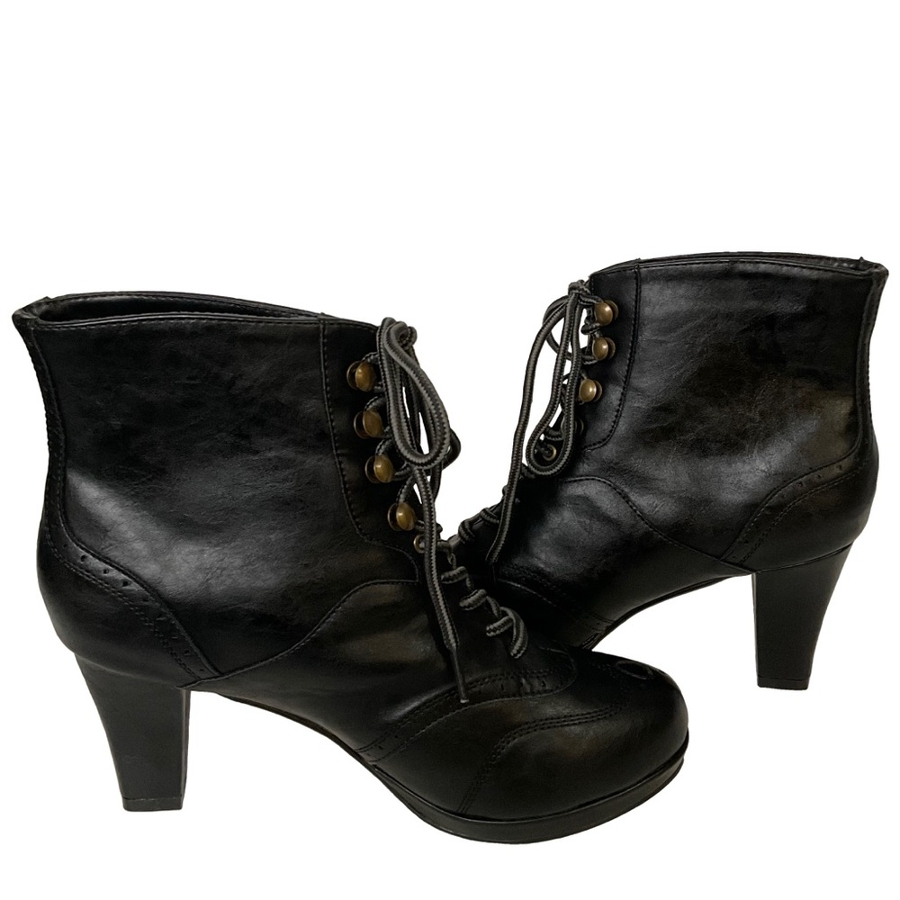 Bettie Page Black Combat Mid-Calf Lace-Up Block Heel Round Toe Boots Size 9.